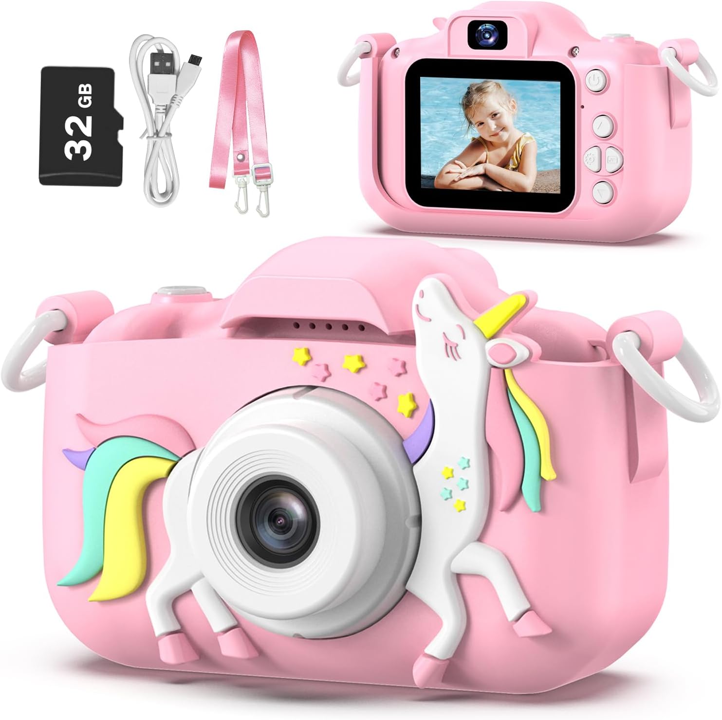 Goopow Kids Camera Toys for 3-8 Year Old Girls Boys,Children Digital Video Camcorder Camera with Cartoon Soft Cover, Best Chritmas Birthday Festival Gift for Kids - 32G SD Card Included 24hrsmart